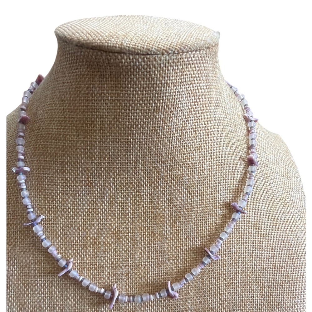Handmade Lavender Frosted Shell Bird Fetish Beaded Necklace  Novelty